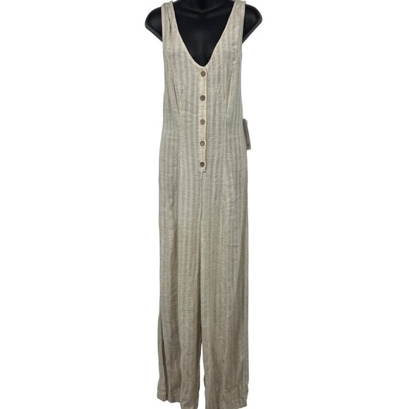 Rip Curl Women Surf Shack Jumpsuit Natural Stripe Button Front Linen Medium New - Picture 1 of 11